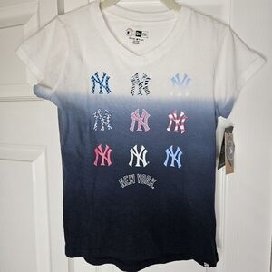 NWT New Era MLB blue dipdye Yankees vneck tshirt Girls size 10/12.